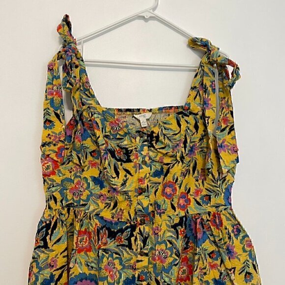 TERRA & SKY Plus Size Button Front Tie Shoulder Dress Mustard Yellow Floral Mini - Picture 5 of 14